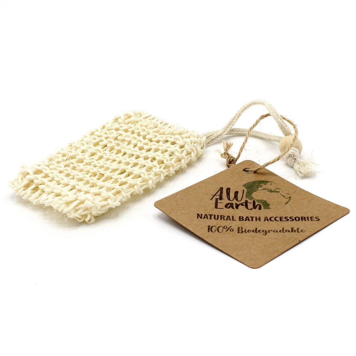 Nature Soap Bag, Sisal, cream open-weave bag laid beside its brown All Earth tag
