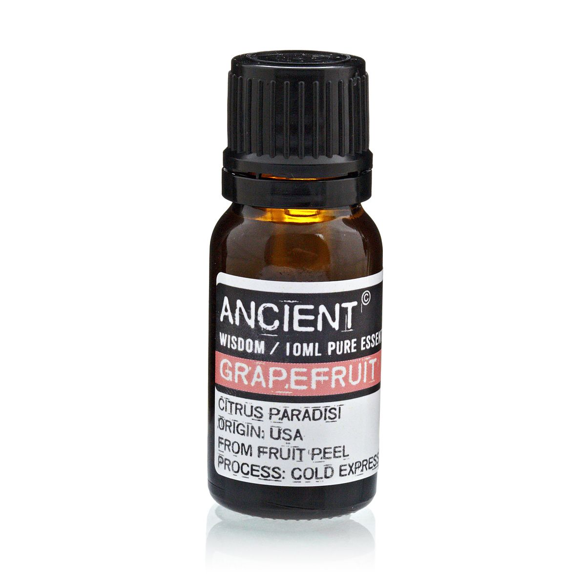 10 ml Grapefruit Essential Oil in a small amber bottle with a black cap, shown upright from the front