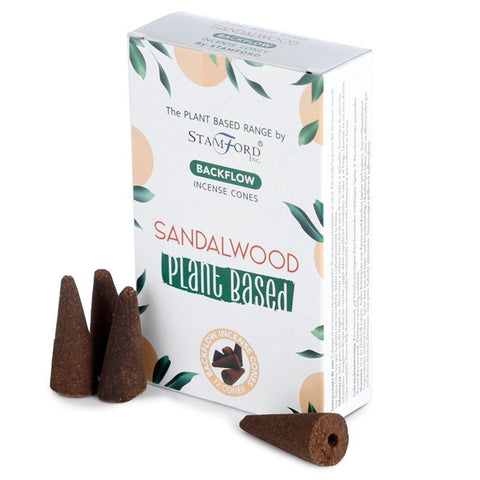 Plant Based Backflow Incense Cones, Sandalwood in a leafy white box, with three brown cones beside it