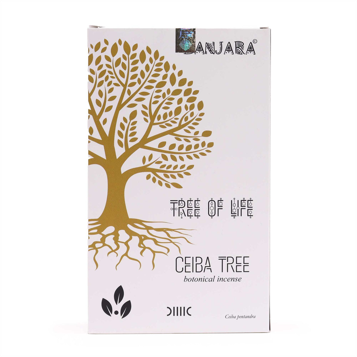 Banjara Botanical Incense, Ceiba Tree, front of a white box with a gold tree illustration