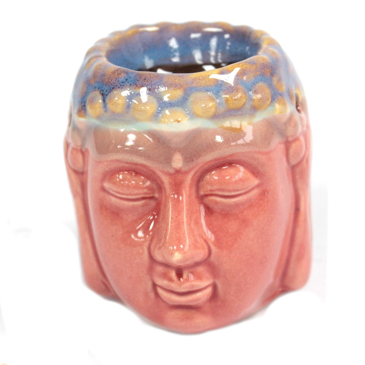 Rose and teal Buddha burner shown close up from the front, with its open top visible