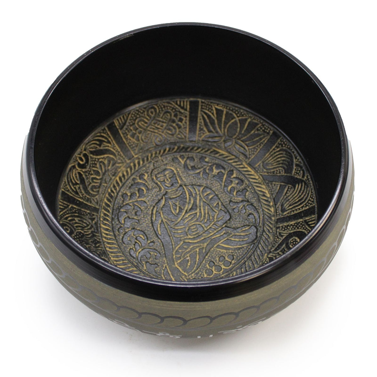Extra Loud, Singing Bowl, One Buddha, angled view into a dark bowl with a gold Buddha design