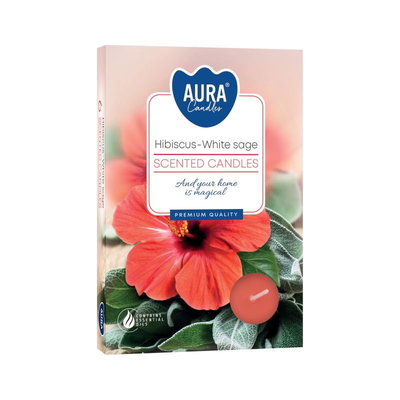 Set of 6 Scented Tealights, Hibiscus & White Sage in a peach box with hibiscus flowers and a tealight