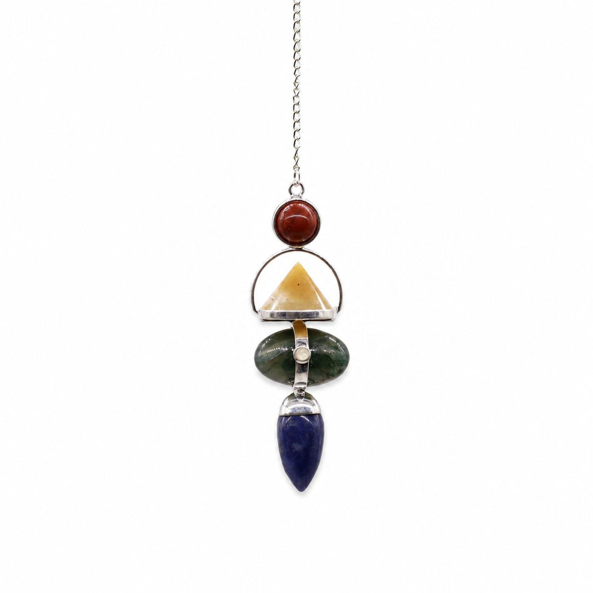 Four Elements pendulum hanging alone against white, with red, yellow, green and deep blue stones