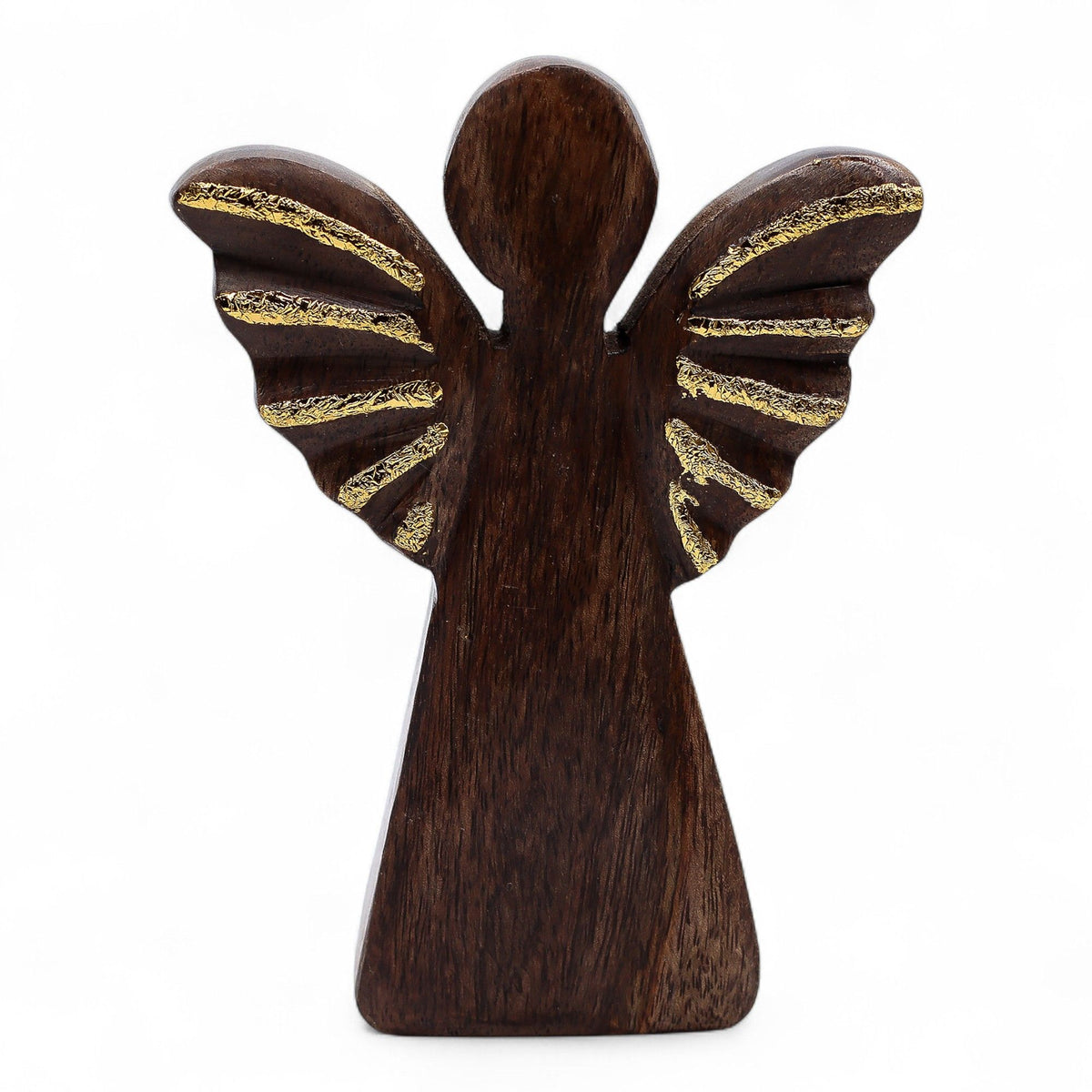 Front view of the dark brown angel with raised wings and gold lines on each wing