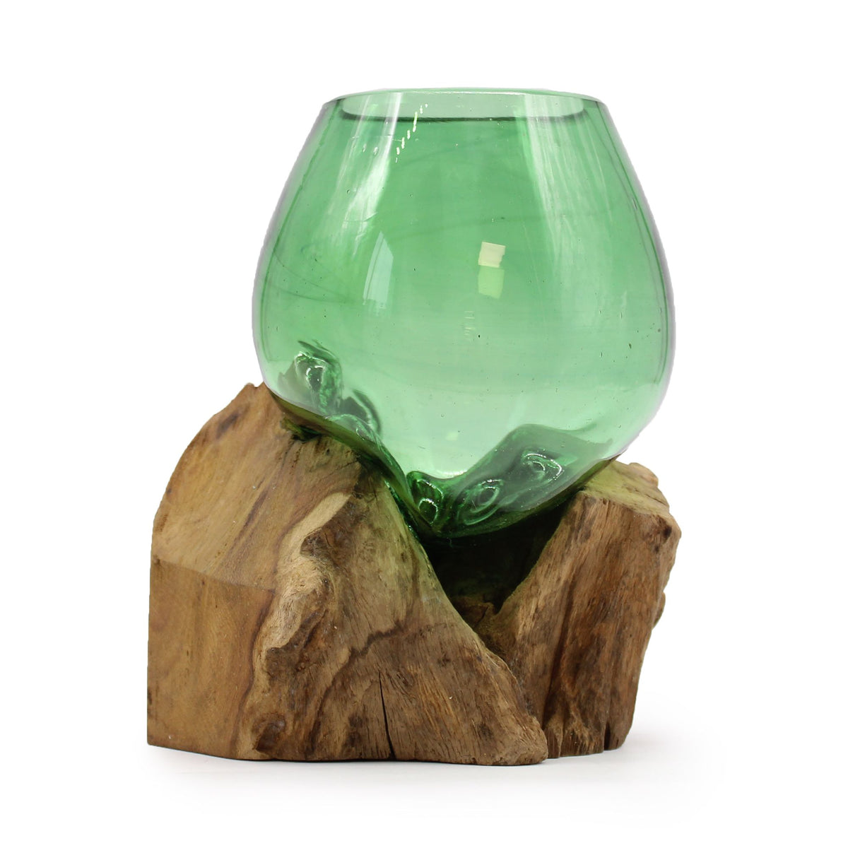 Recycled Beer Bottles, Small Bowl on Wood, green glass bowl on a natural wood base, front view