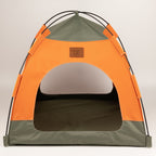 Front view of the green and orange tent bed