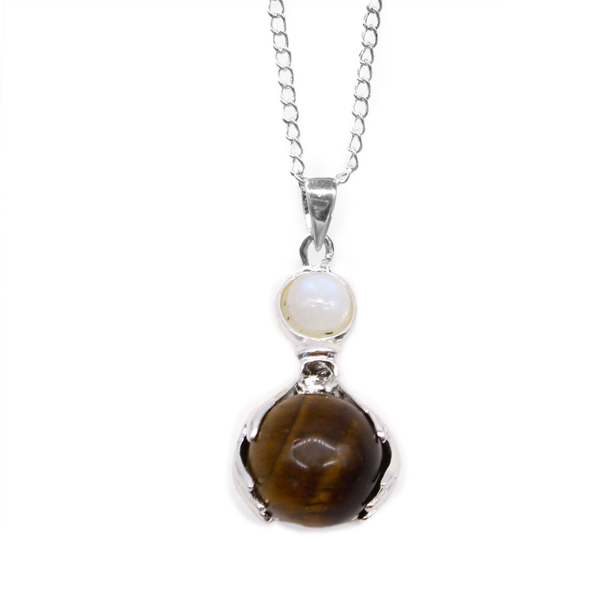 Gemstone Hands Pendant with a Tiger Eye stone and silver-plated chain
