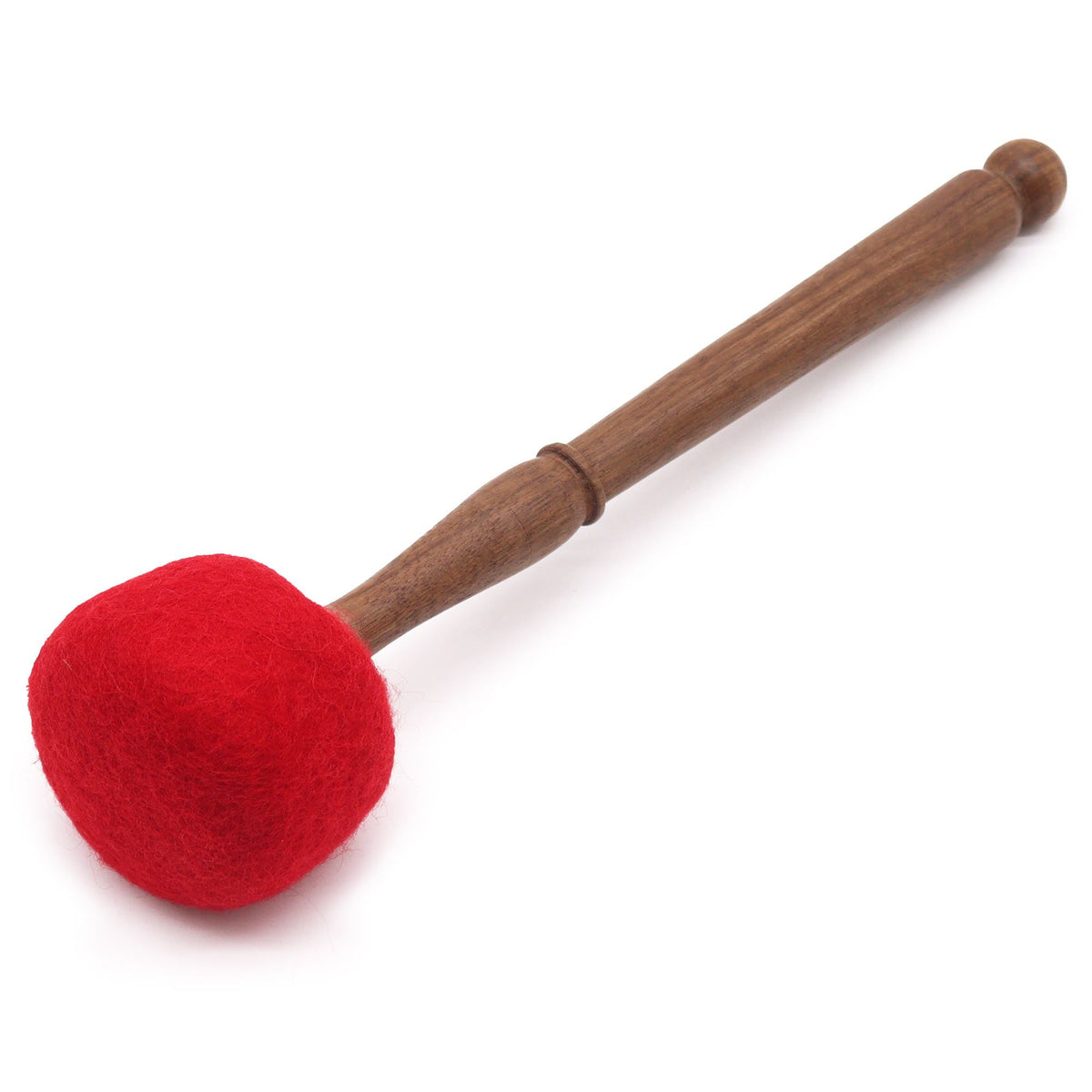 Felted gong stick with a large red rounded head and wooden handle, shown diagonally on white