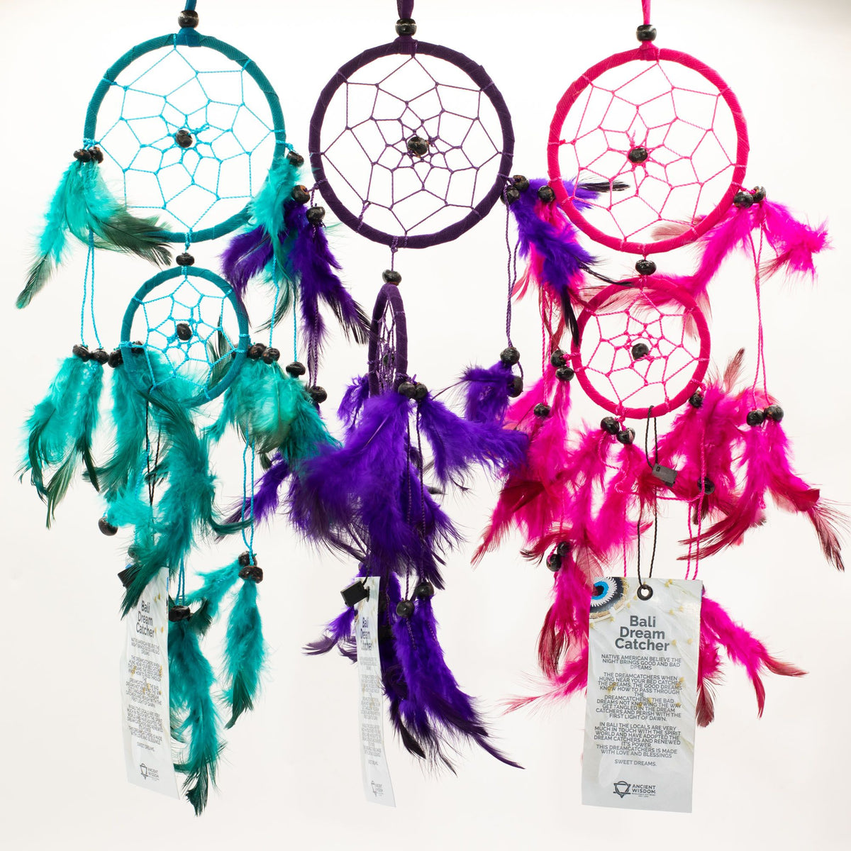 Bali Dreamcatchers, Medium Round, Turq/Pink/Purp, three hanging turquoise, purple and pink designs
