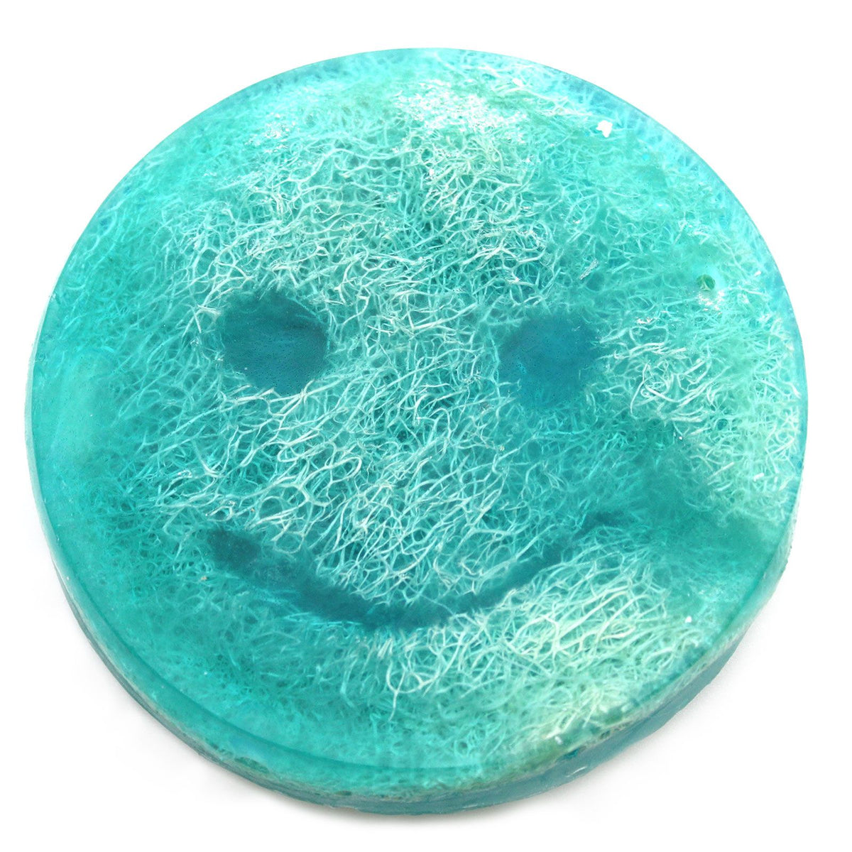 Happy Scrub Soap, Raspberry & Pomegranate, turquoise round soap with a textured smiley face, shown close-up