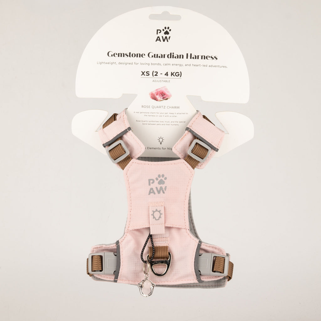 PAW soft pink dog harness with reflective details and paw charm, shown on packaging