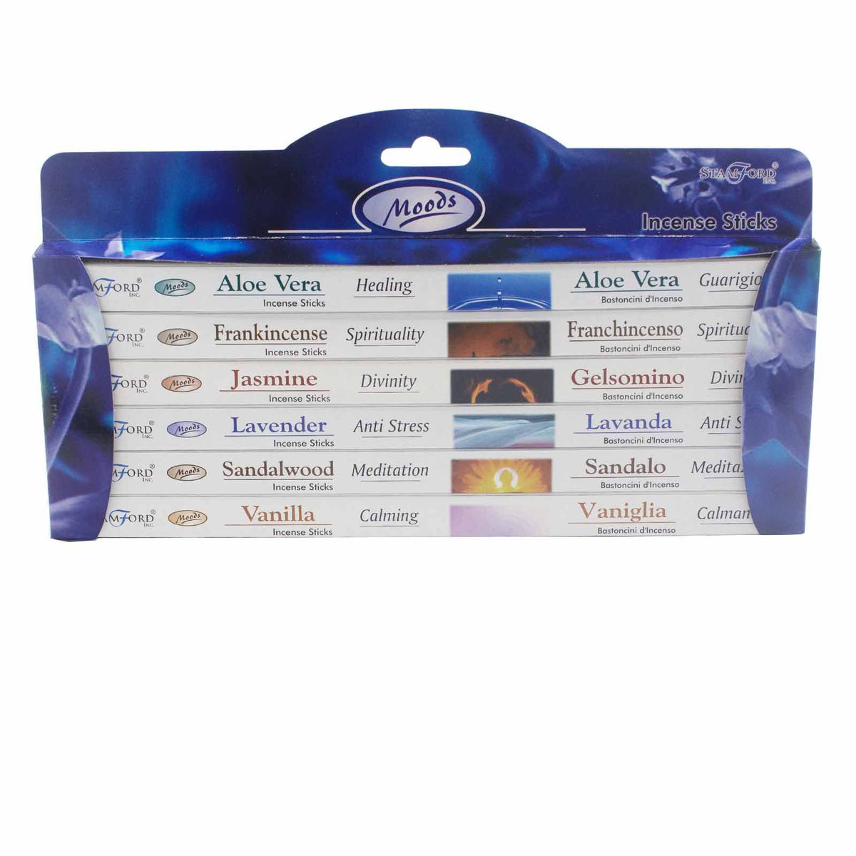 Stamford Aromatherapy Range incense box, front panel with fragrance names listed