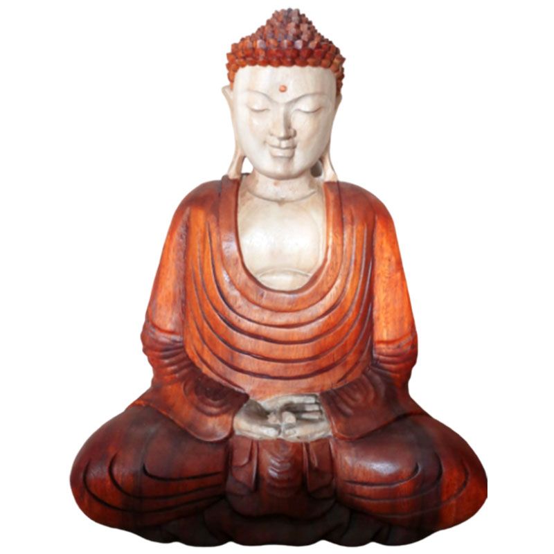 Buddha statue seated front view on a plain white background, showing its pale face and reddish brown robe