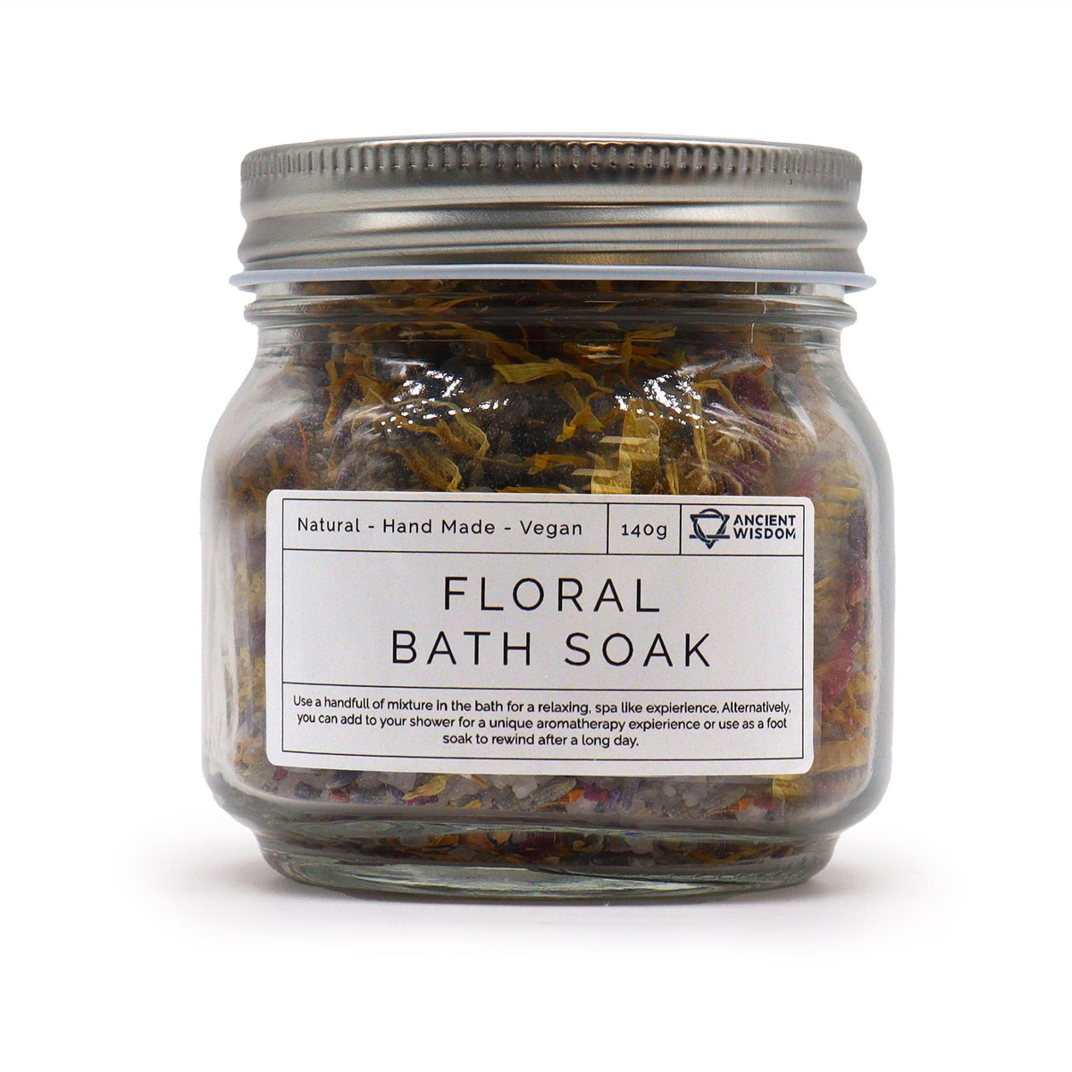 Floral Bath Soak jar shown straight on against a white background, with its label facing forward