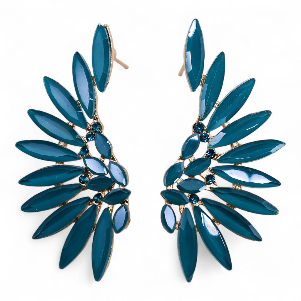 Teal green vintage glass angel wings earrings, pair shown from the front against a white background