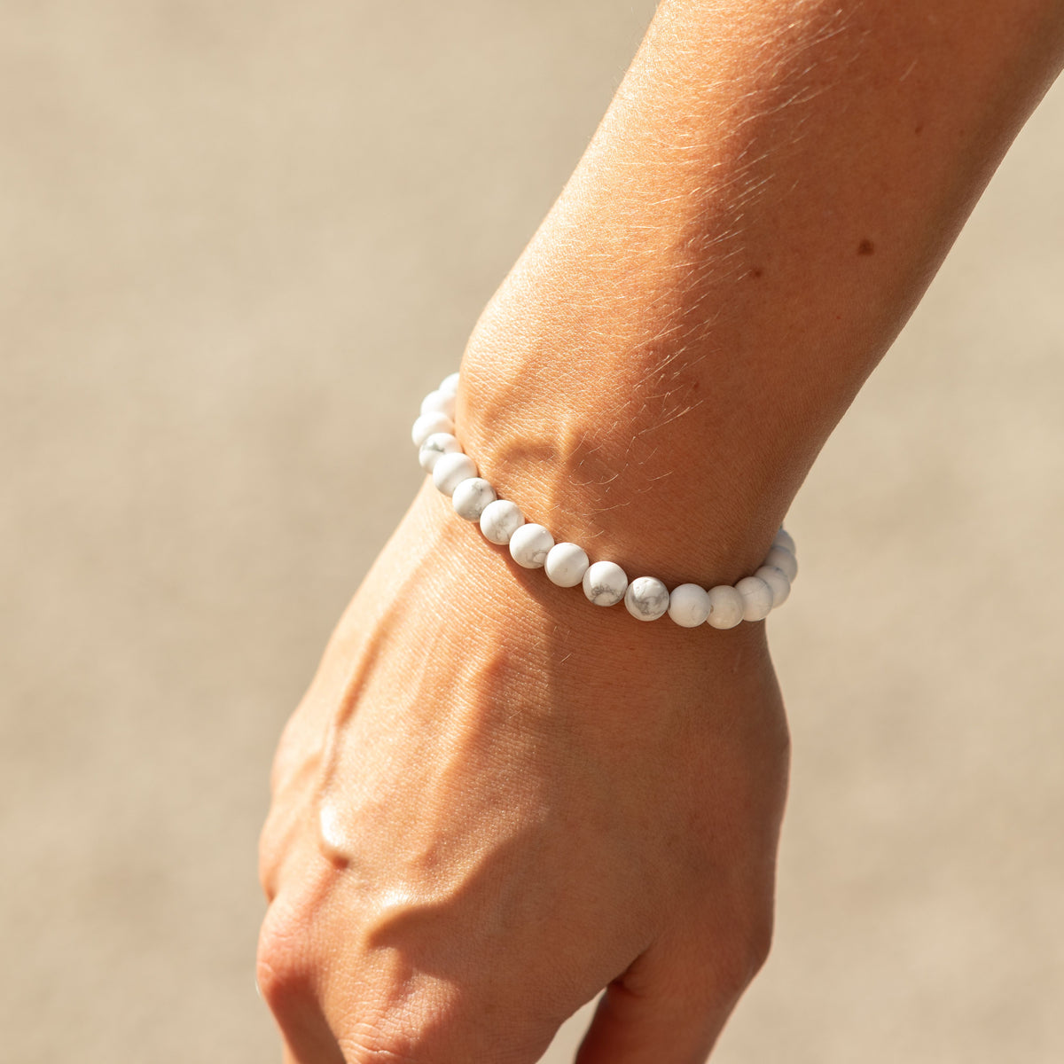 Howlite bracelet seen from above on a wrist