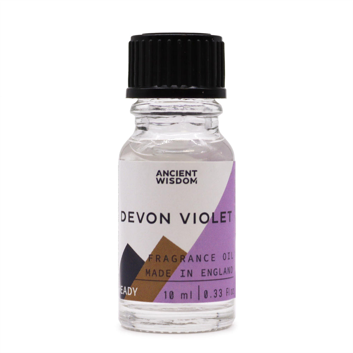 Devon Violet Fragrance Oil in a clear, labelled bottle with black cap, front view on white