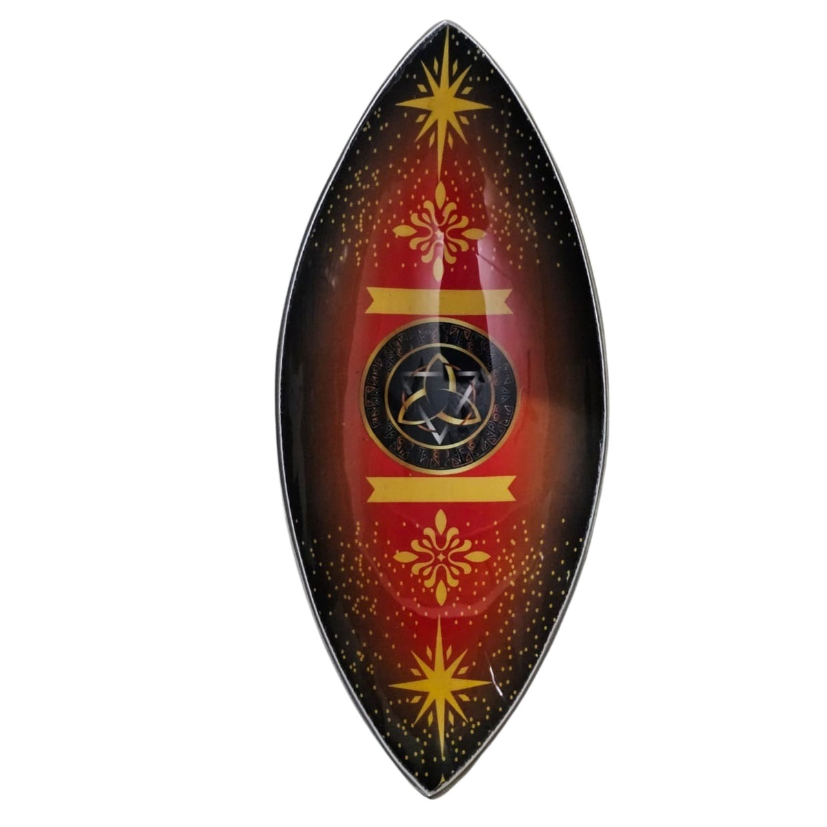 Enamel Incense Bowl, Aluminum, Pagan Triquetra, long pointed bowl with red and black decorative design, viewed from above