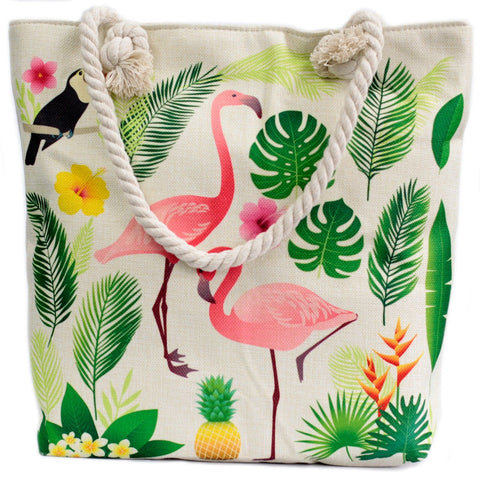 Rope handle tote bag with a flamingo and tropical leaf print