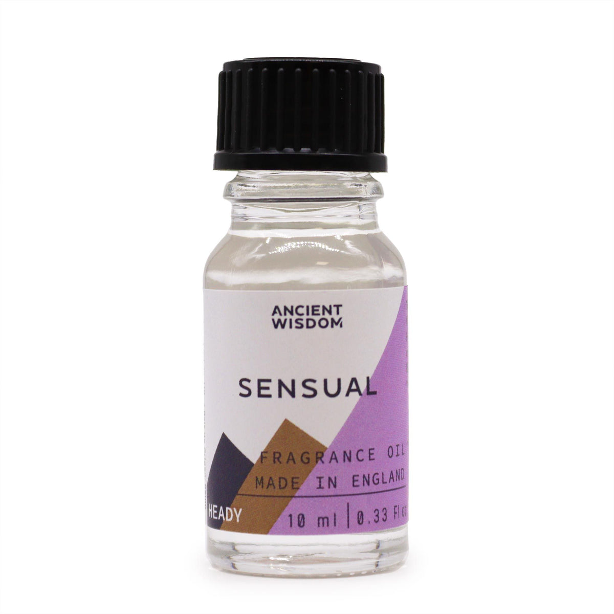 Sensual fragrance oil bottle with black cap and purple geometric label, shown alone against white