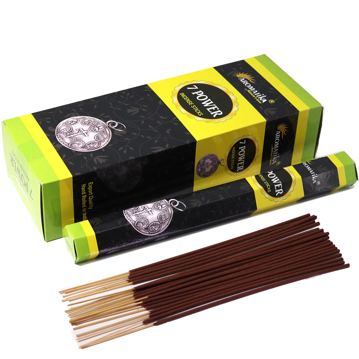 Aromatika Charcoal Free Hex Incense, 7 Powers in black, yellow and green boxes with brown sticks laid out in front