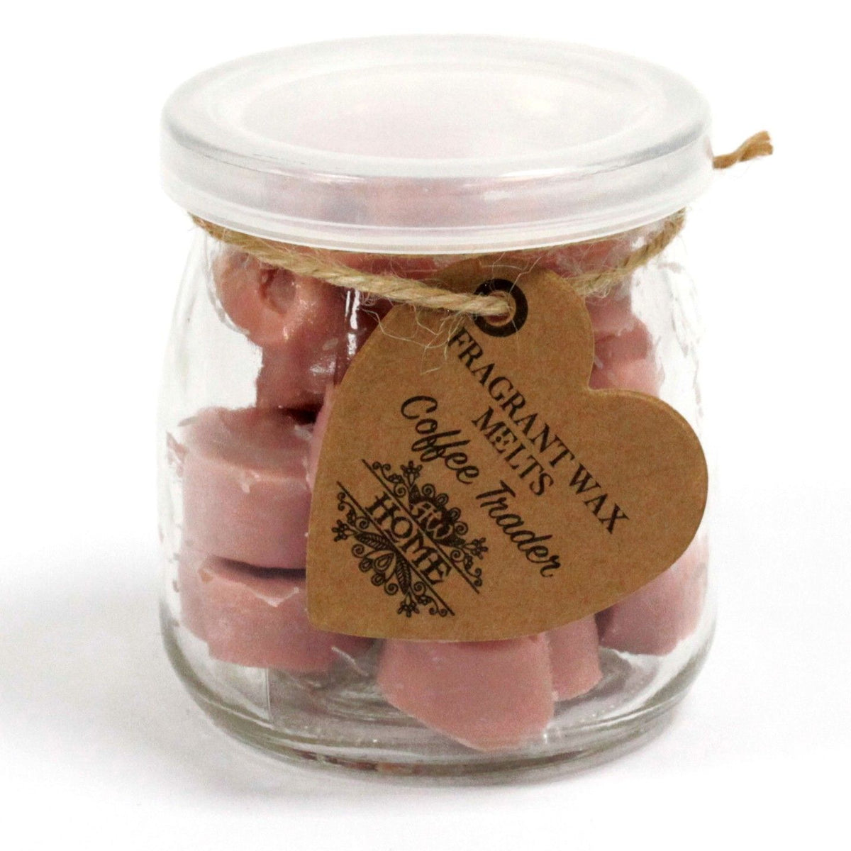 Coffee Trader melts in a closed glass jar with a brown heart-shaped tag on the front