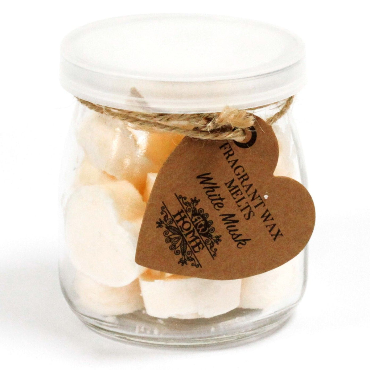 Close-up of the closed White Musk melts jar, showing white melts and its brown heart-shaped label