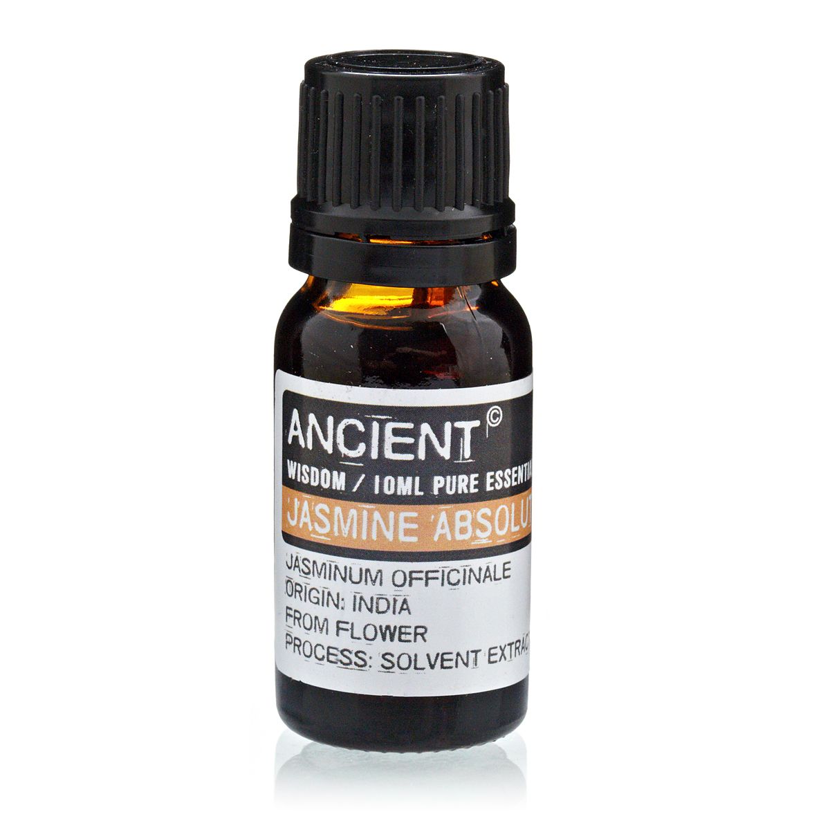 10 ml Jasmine Absolute Essential Oil in a dark glass bottle with a black cap, shown upright from the front