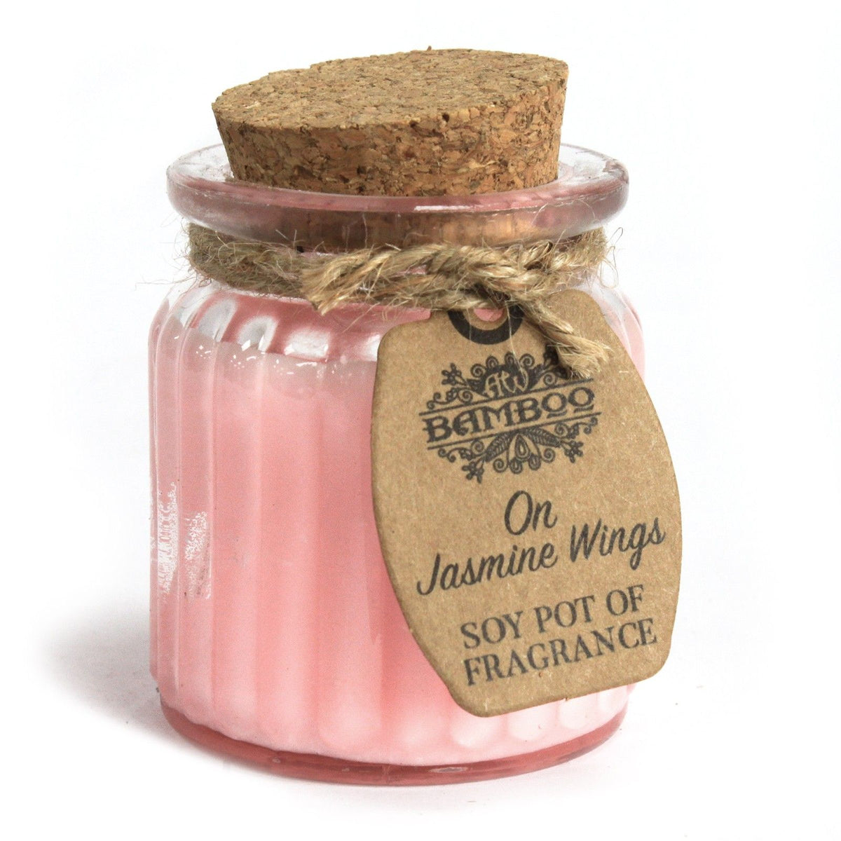 Jasmine Wings soy candle in a pink glass jar, cork lid and twine tag shown close up