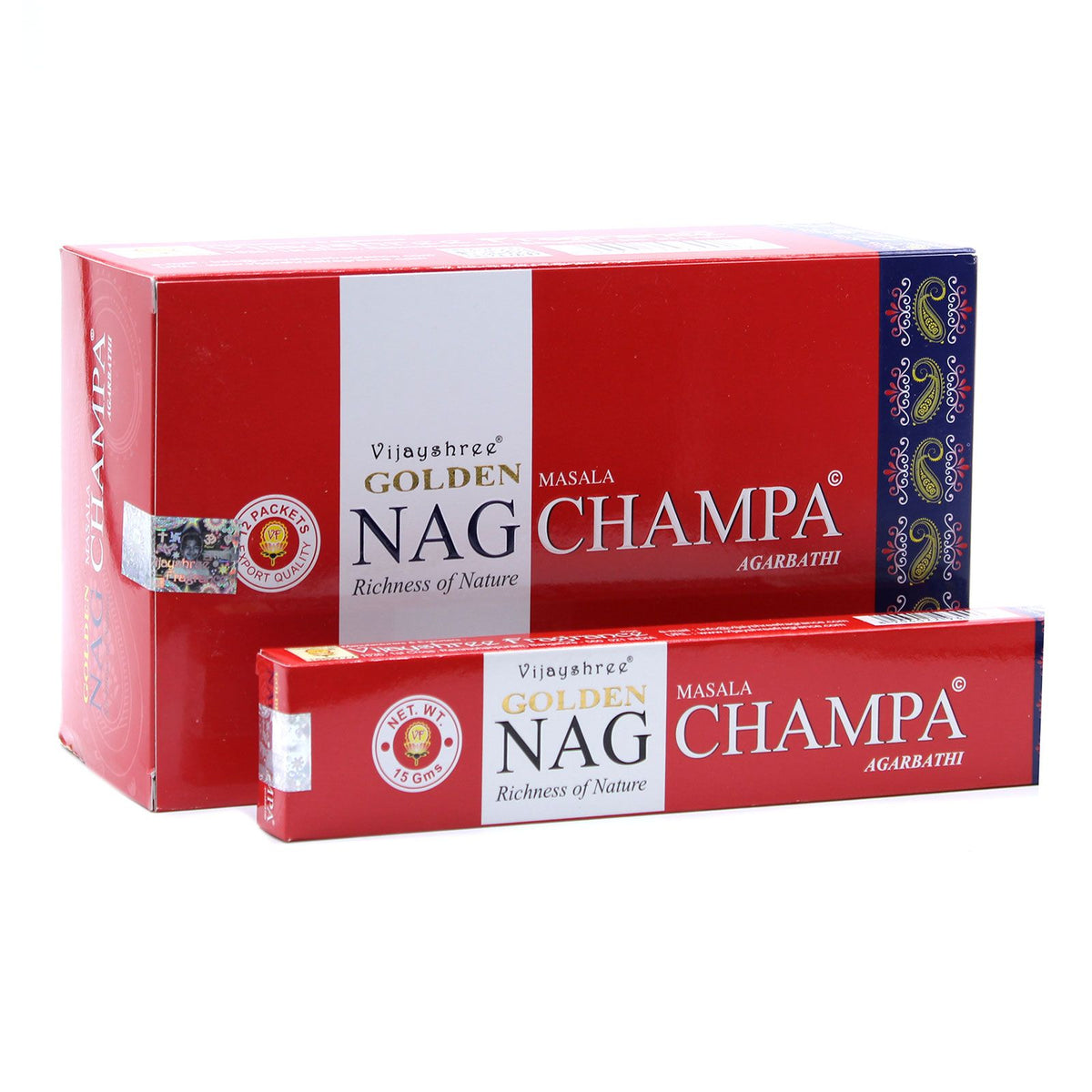 15g Golden Nag, Champa Incense in red and white boxes, front view of the packaging