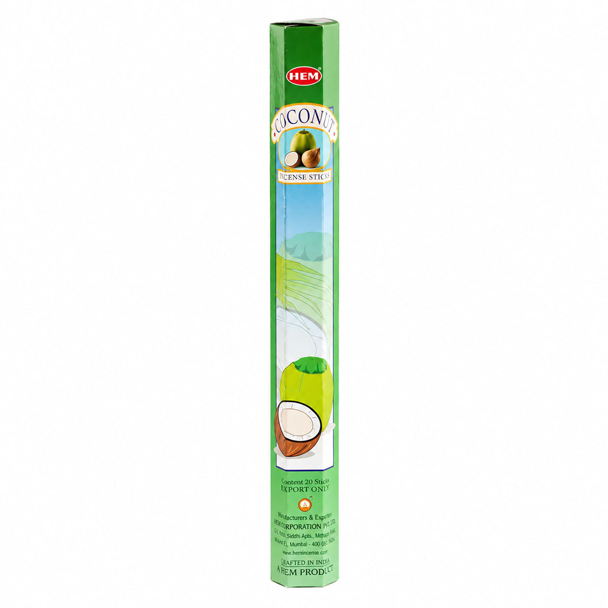 HEM Coconut incense sticks in a tall green hexagonal pack