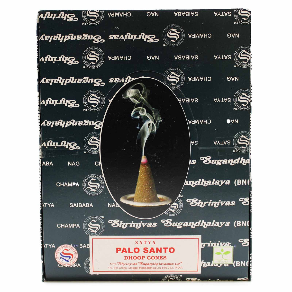 Palo Santo Dhoop Cones in a black and red printed box, shown from the front