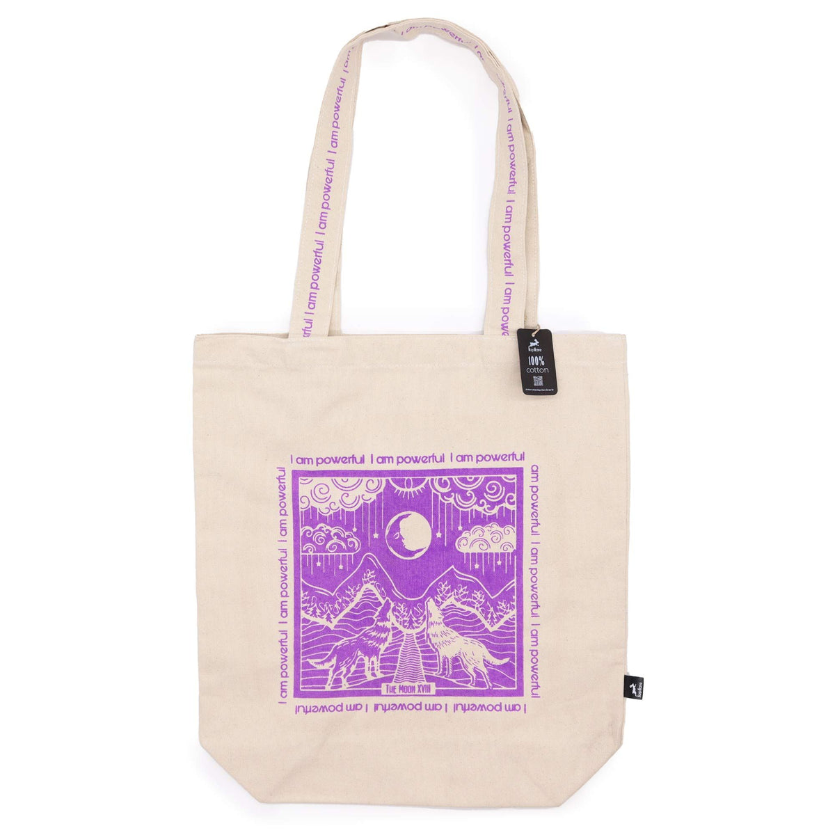 Cream cotton tote bag printed with the purple Moon tarot card design