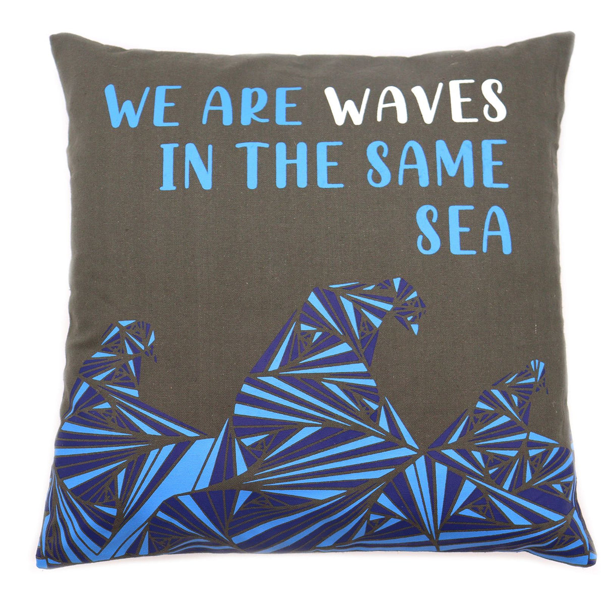 We are Waves cushion cover, close-up of grey front with blue waves and lettering, on white