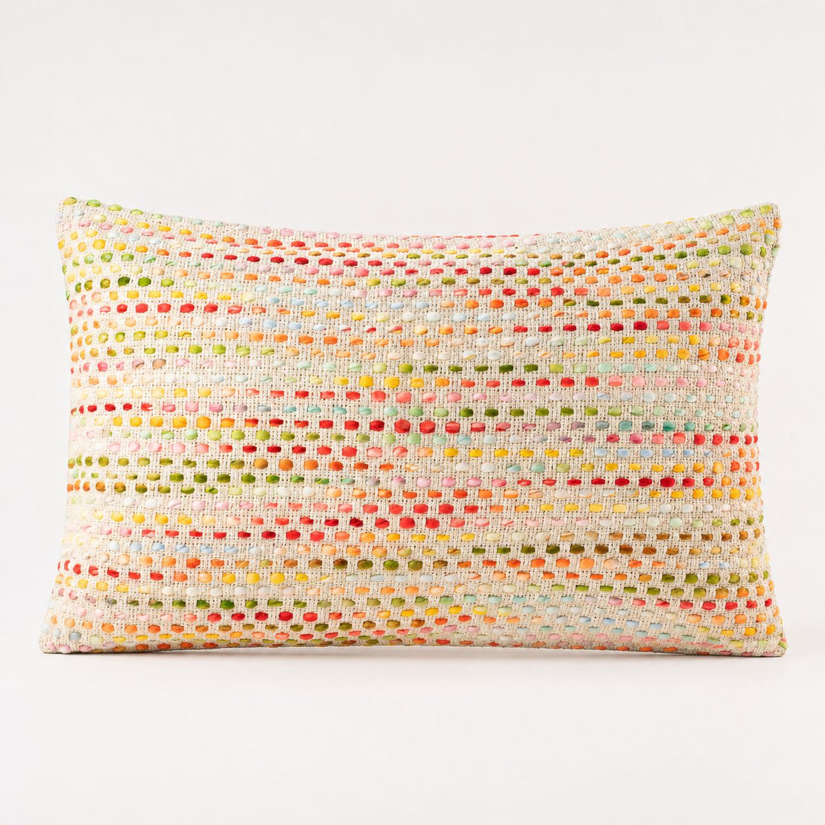 Classic Cushion Cover, Hidden Rainbow, rectangular cream cover with rows of raised multicoloured spots, front view
