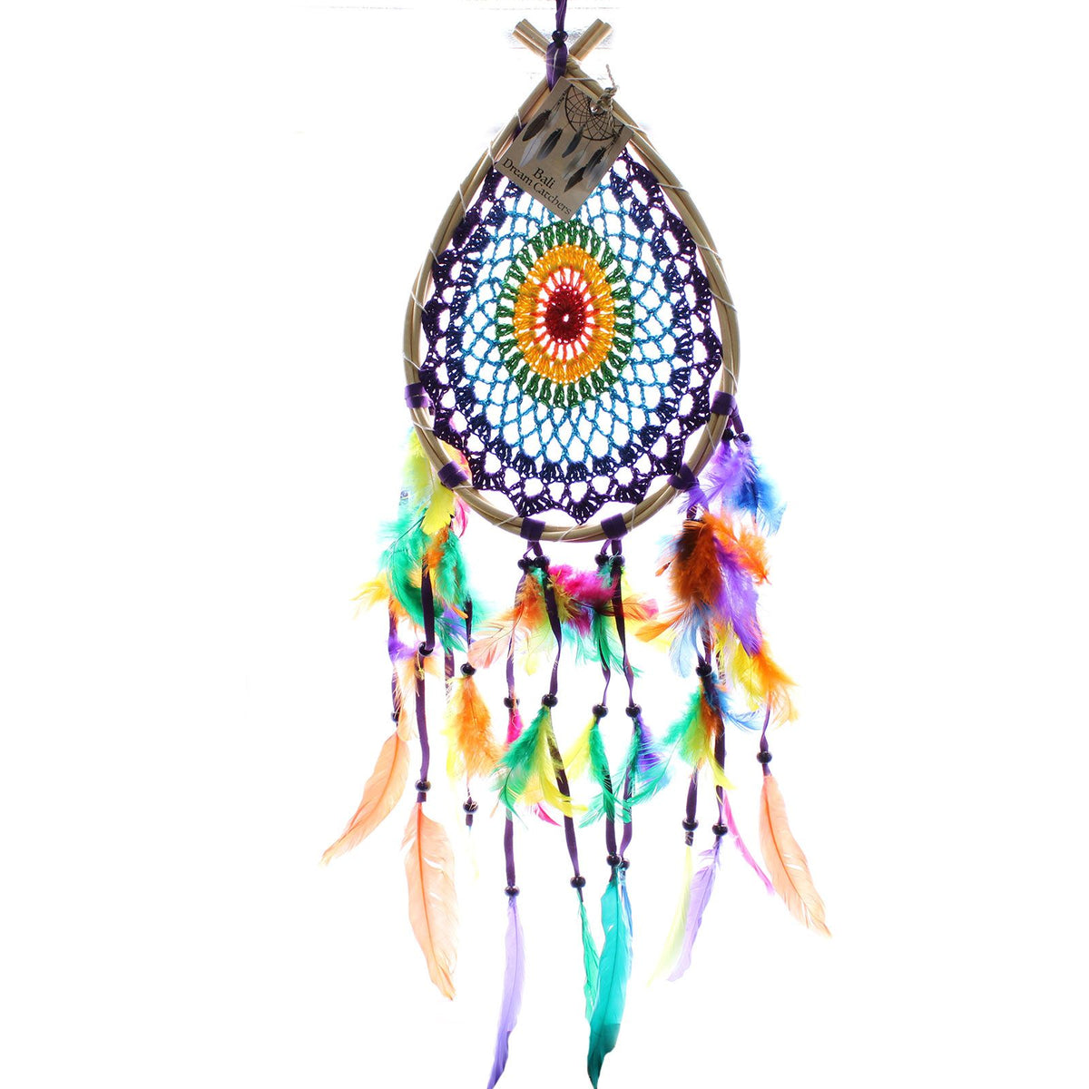 Full front view of the teardrop dream catcher with its multicoloured web and feathers against a white background