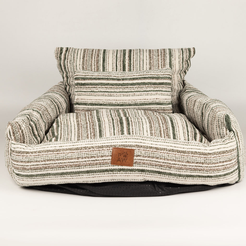 Front view of the striped sofa pet bed and matching cushions