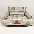 Front view of the striped sofa pet bed and matching cushions