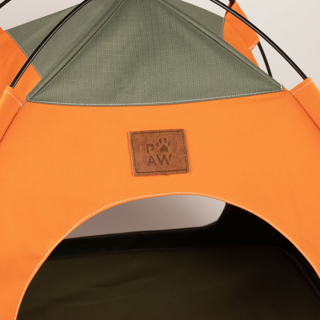 Close-up of the tent entrance and PAW label