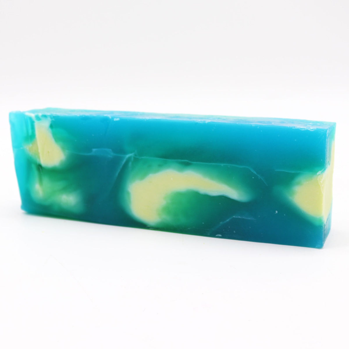 Rosemary, Olive Oil Soap, long turquoise bar with pale yellow and green swirls, shown whole