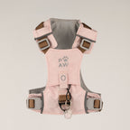 Front view of the soft pink PAW harness with adjustable straps and charm
