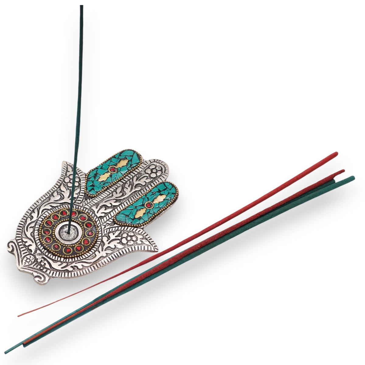 Green Small Hamsa Incense Holder with incense sticks on a white background, shown from above