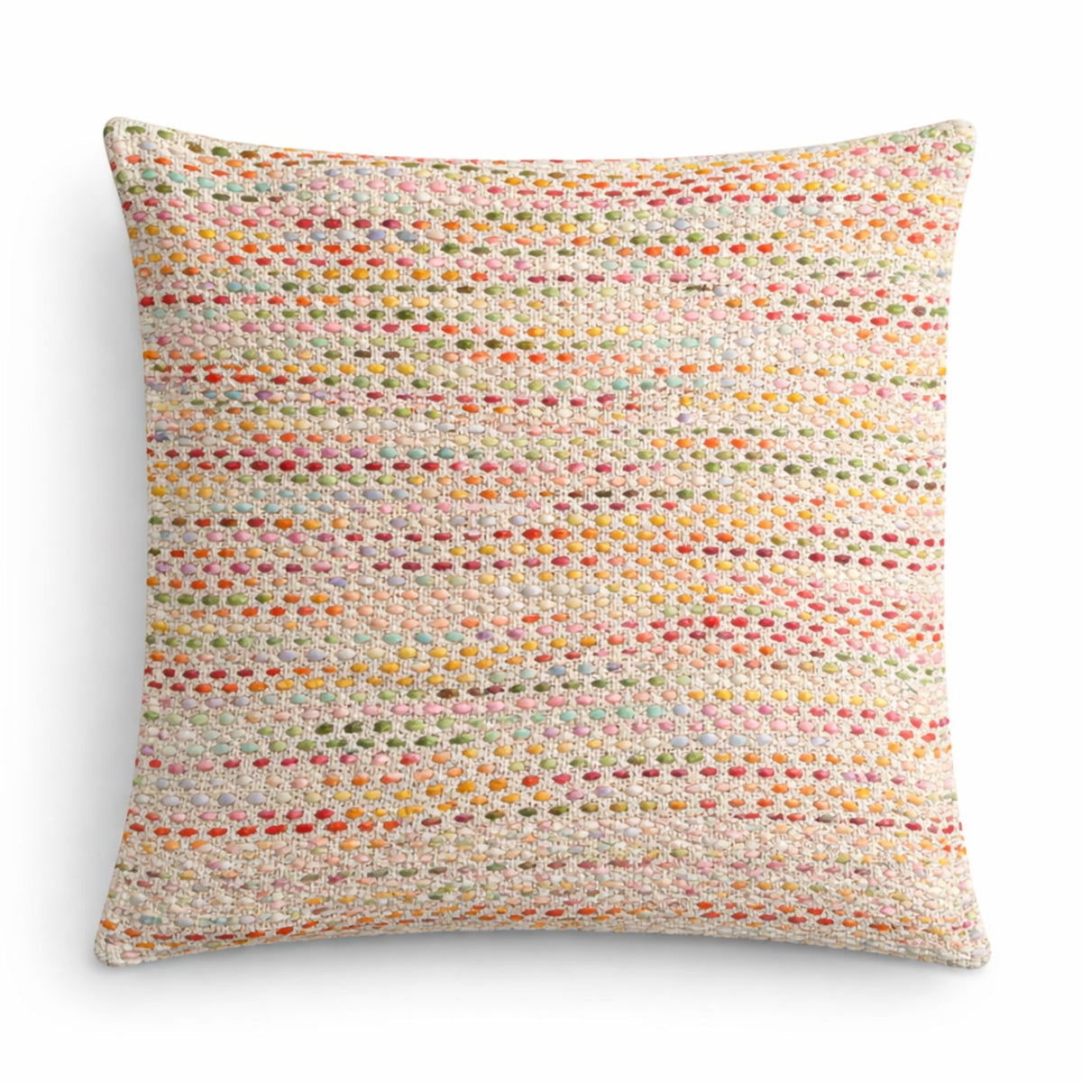 Classic Cushion Cover, Hidden Rainbow, square front view with rows of tiny multicoloured woven details
