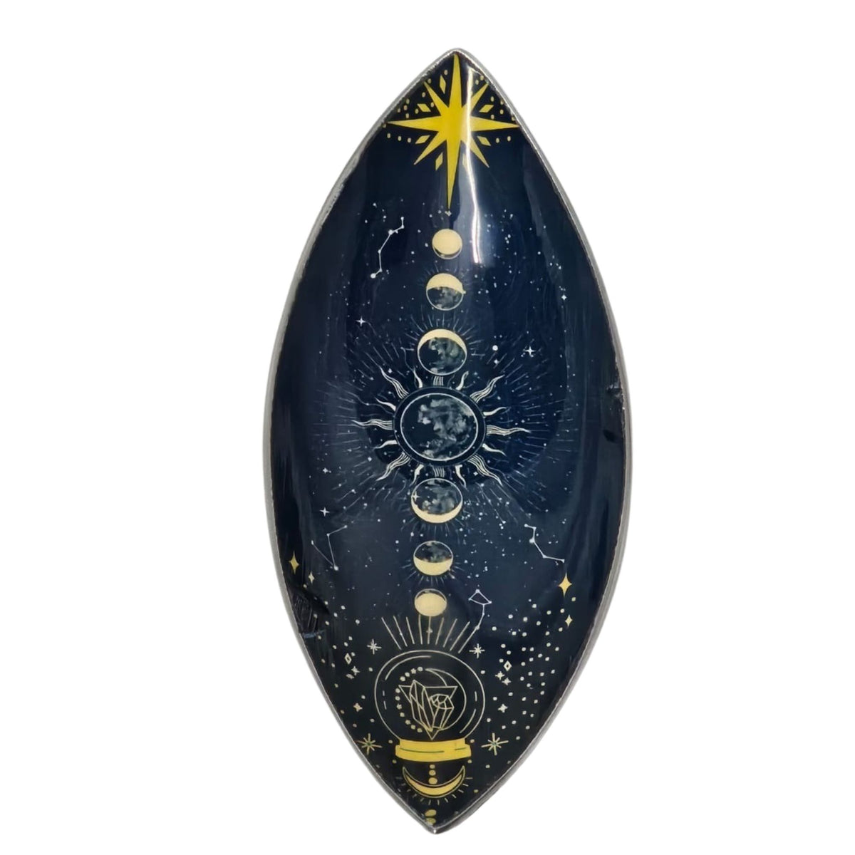 Enamel Incense Bowl, Aluminum, Zodiac Moon Phases, dark blue with gold moon phases, shown from above on white