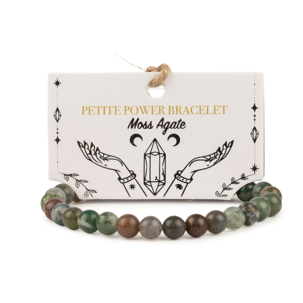 Moss Agate bracelet with mixed green and brown beads on an illustrated card