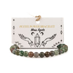 Moss Agate bracelet with mixed green and brown beads on an illustrated card