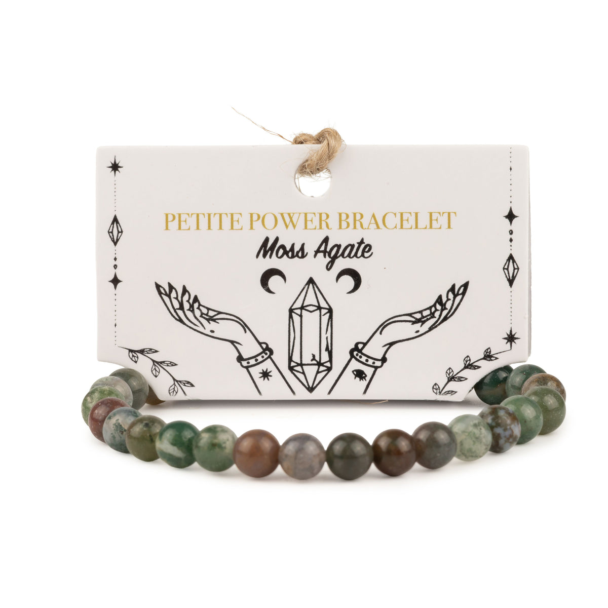 Moss Agate bracelet with mixed green and brown beads on an illustrated card
