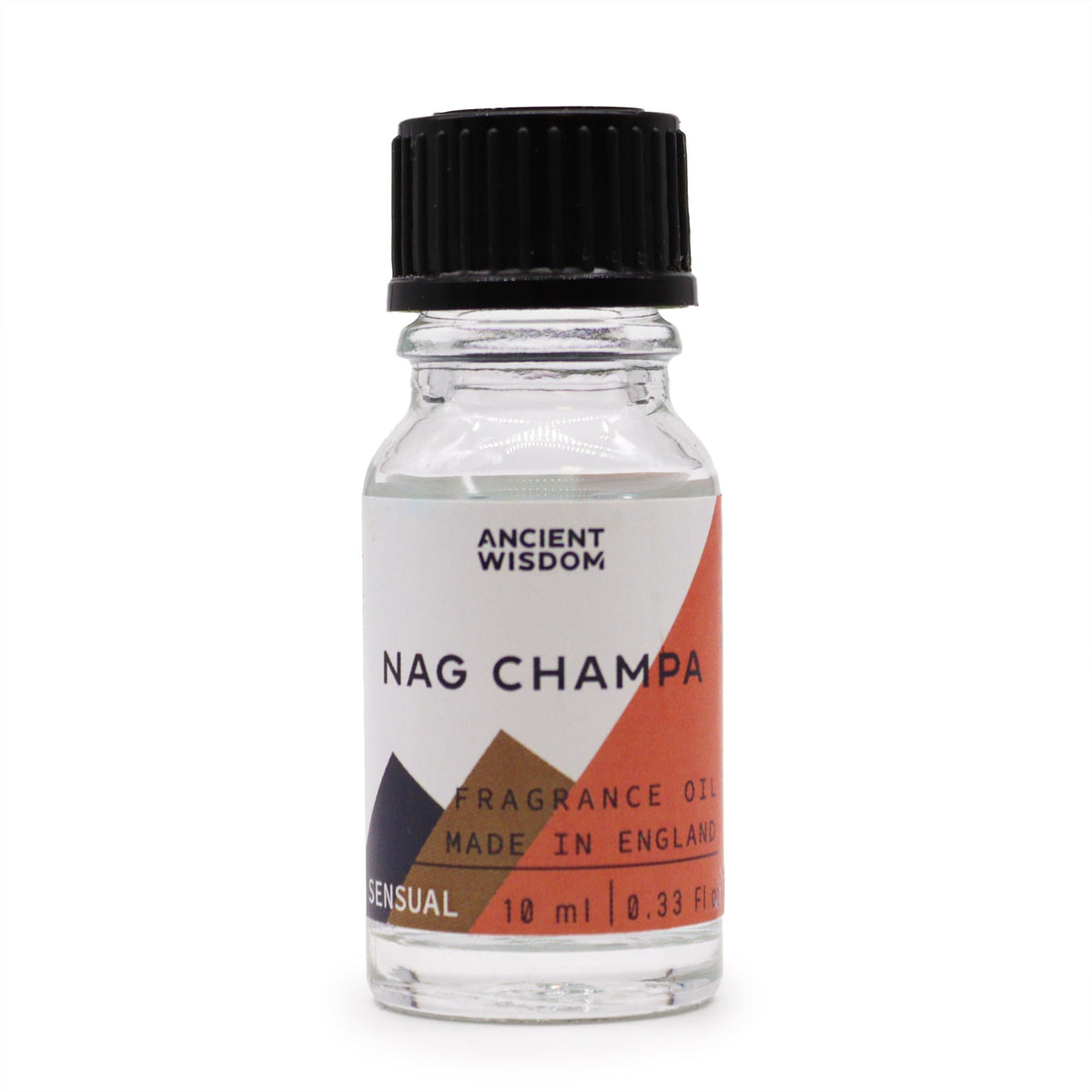 Nag Champa fragrance oil bottle standing upright, with a black cap and printed label on a white background