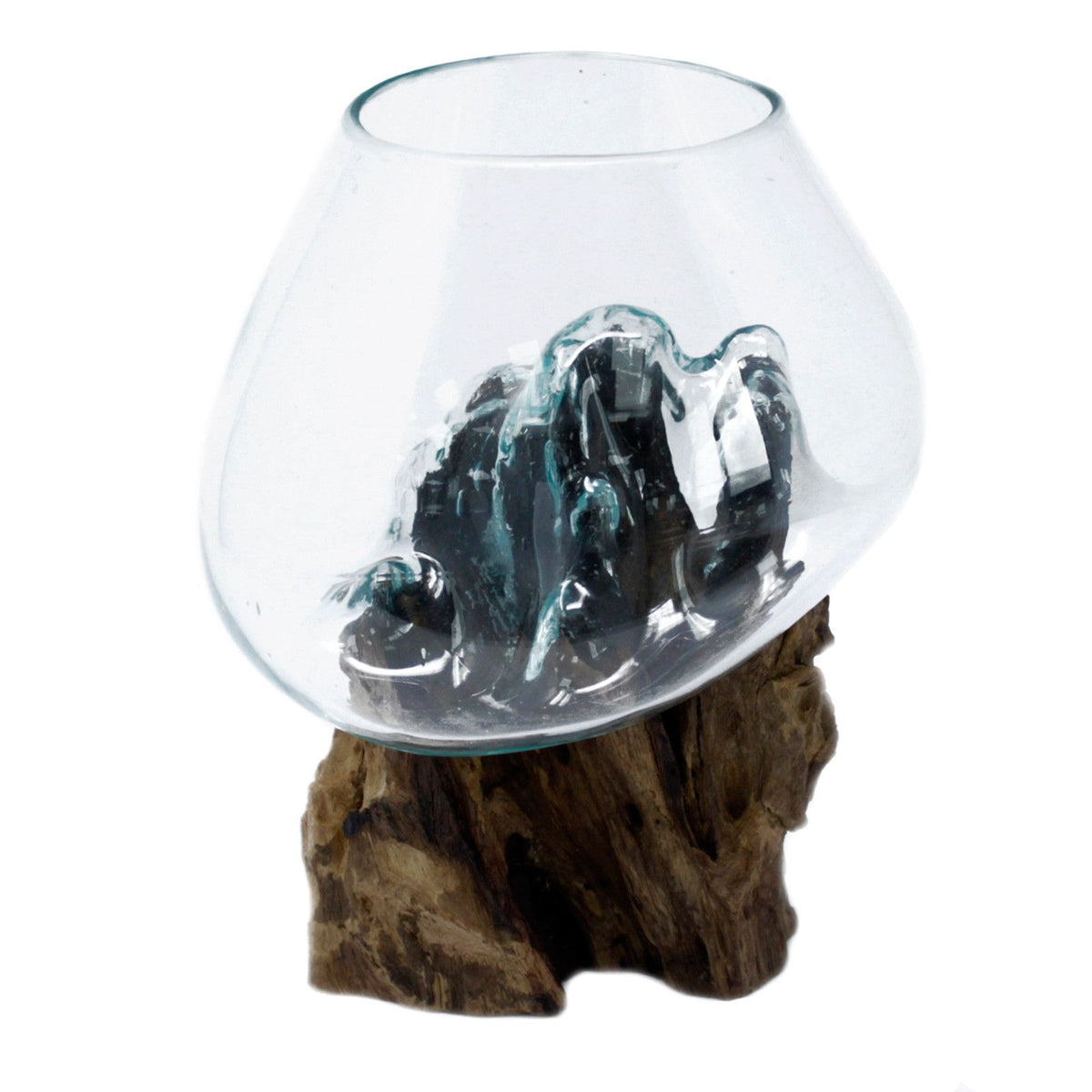 Glass bowl seated on a dark wood base, viewed from the front against a white background
